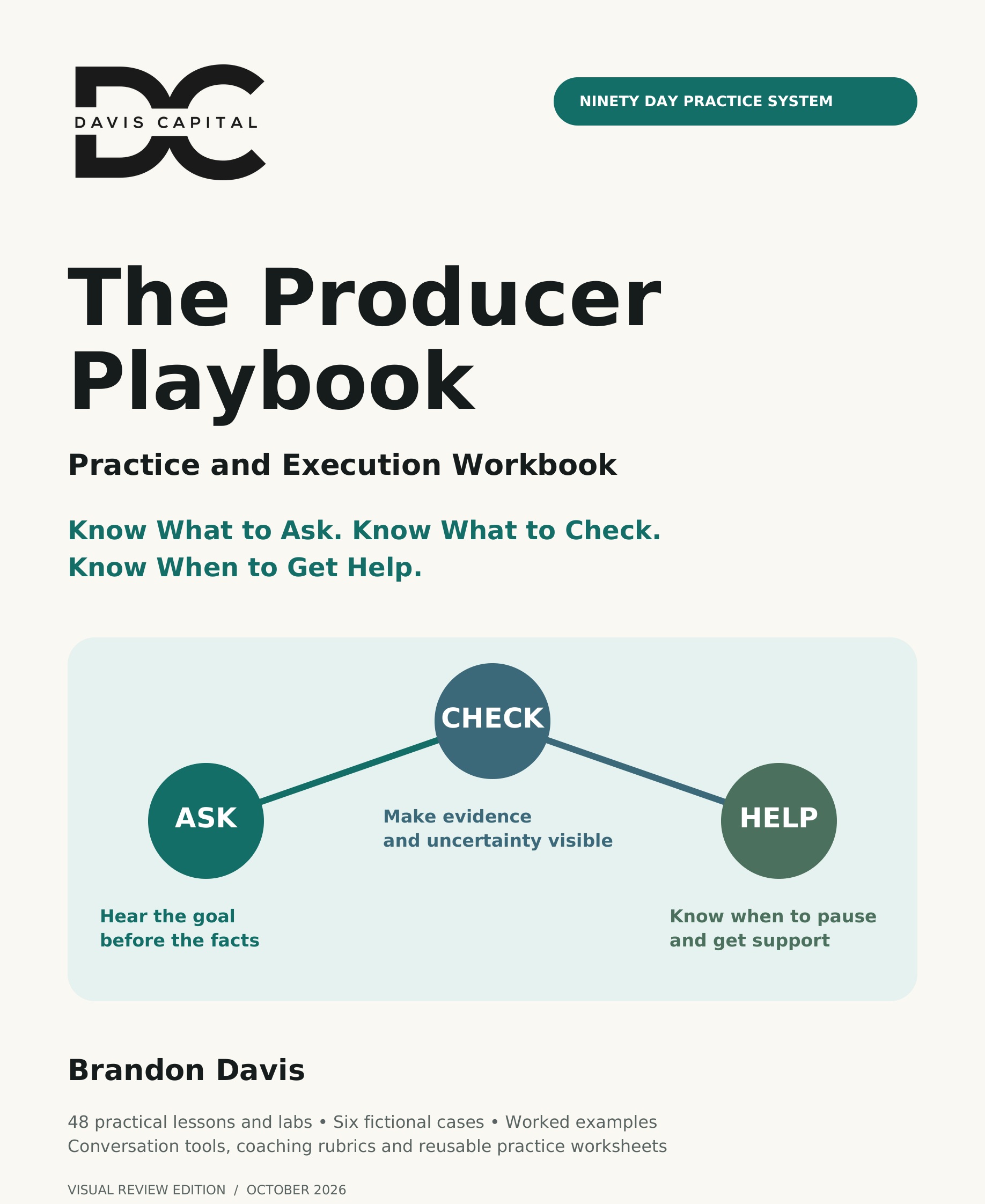 The Producer Playbook: Practice and Execution Workbook by Brandon Davis, with the Davis Capital logo and Ask, Check, Help diagram