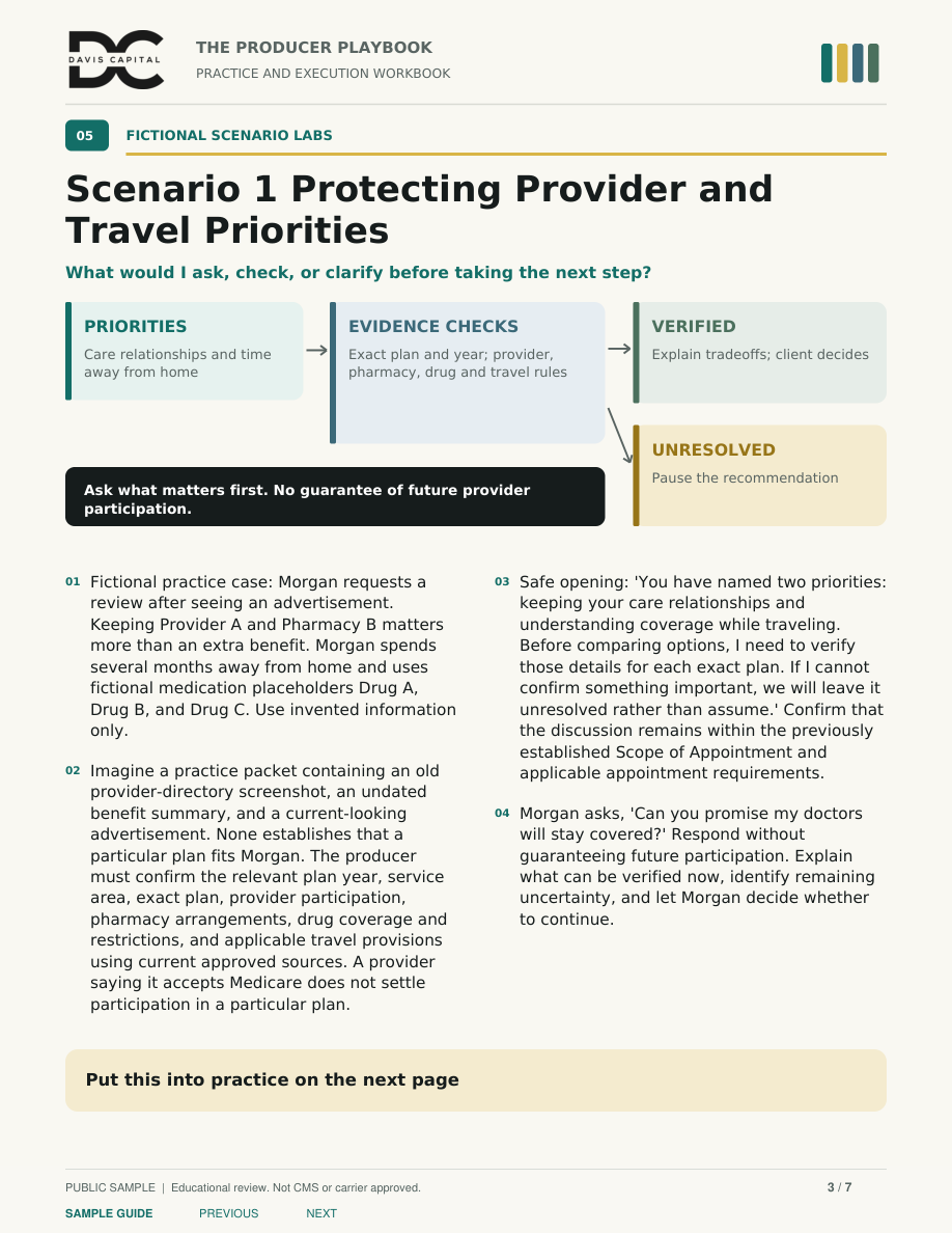 Workbook sample page showing a fictional client’s provider and travel priorities, evidence checks and response practice